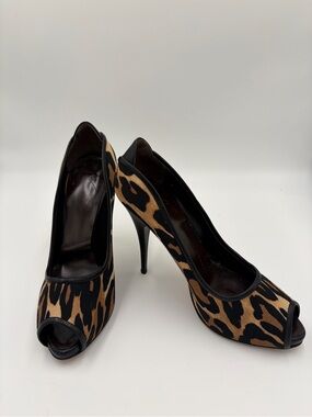 Giuseppe Zanotti Leopard Print High Heel Pump Peep Toe Stiletto Black & Brown 39